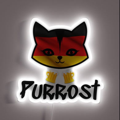 Colorful Oktoberfest purr-rost pun neon sign in vibrant RGB lighting.