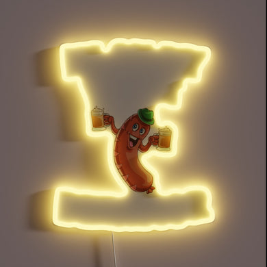 Vibrant neon bar decor featuring festive sausage beer inspired graphics