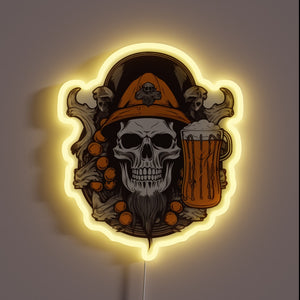 Vibrant neon Oktoberfest skull drinking beer in multicolor fun ambiance.