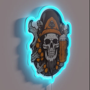 Vibrant, color-changing neon sign celebrating Oktoberfest skull and beer culture.