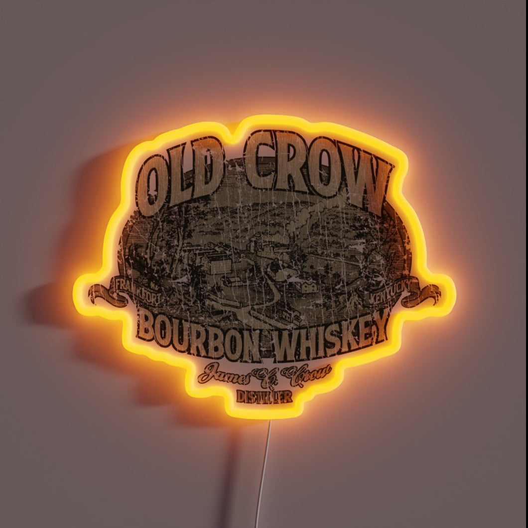 Vintage whiskey brand logo featuring colorful RGB neon lighting effect.