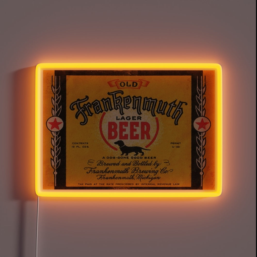 Vintage German-inspired beer sign with vibrant RGB neon lighting accents.