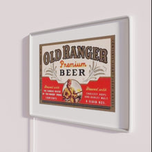 Load image into Gallery viewer, Vintage inspired, colorful illuminated Old Ranger Beer neon bar sign