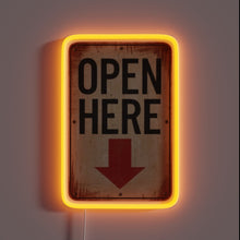 Load image into Gallery viewer, Open Here RGB neon sign, front view lit, printed on acrylic