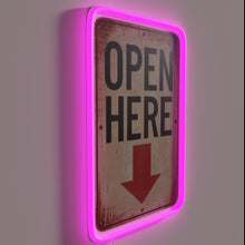 Load image into Gallery viewer, Open Here RGB neon sign, side view lit showing the depth of the acrylic sign