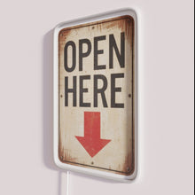 Load image into Gallery viewer, Open Here RGB neon sign, side view with lights off showing acrylic backing and LED tube