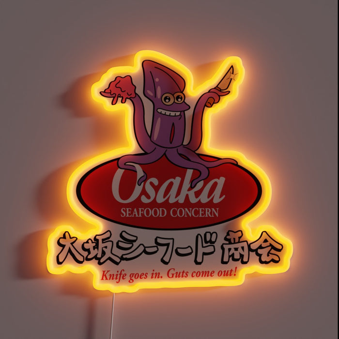 Vibrant Osaka Seafood Concern neon sign in bold RGB colors