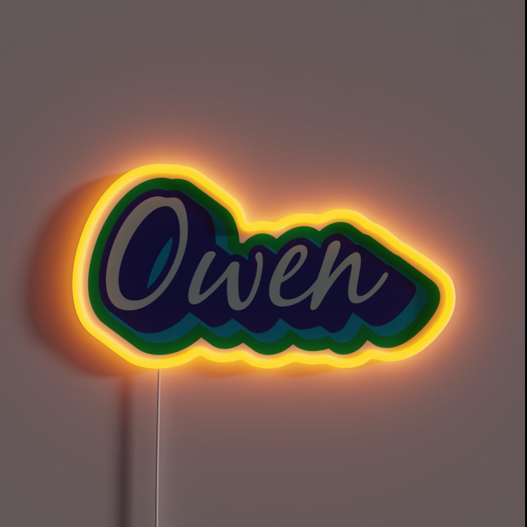 Retro-inspired Owen in vibrant blue and green neon lights glow