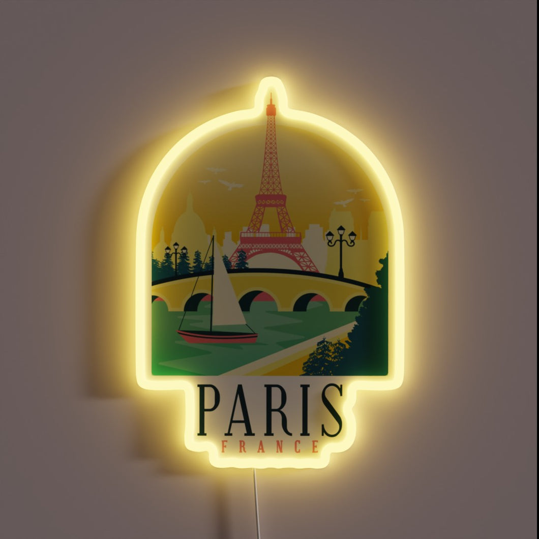 A glowing tribute to Paris — the Eiffel Tower, sailboats, and a romantic skyline wrapped in neon light.