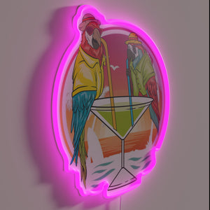 Vibrant parrot cocktail enthusiasts on colorful summer vacation getaway sign.