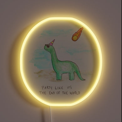 Neon party decor featuring dinosaurs in colorful end-of-the-world style lighting