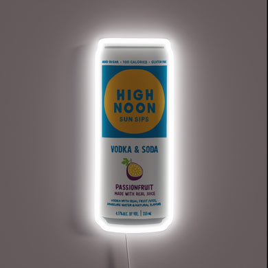 Bright, refreshing, and bold – this neon sign captures the essence of a High Noon Passionfruit can, glowing with crisp white light and perfect for any fan of summer sips and good vibes.