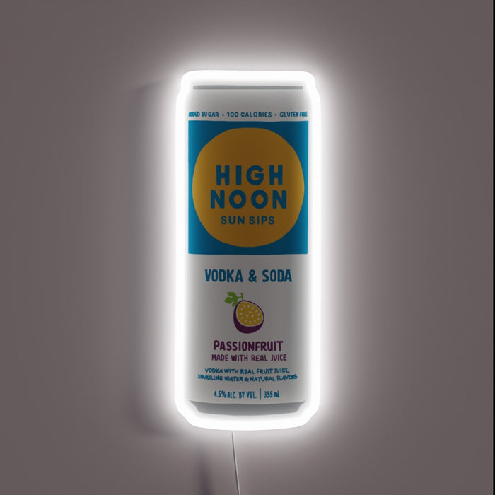 Bright, refreshing, and bold – this neon sign captures the essence of a High Noon Passionfruit can, glowing with crisp white light and perfect for any fan of summer sips and good vibes.