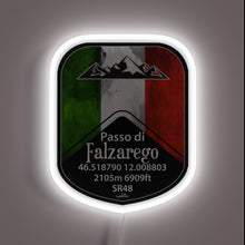 Load image into Gallery viewer, A sleek neon tribute to Italy&#39;s **Passo di Falzarego** — complete with altitude, coordinates, and national pride glowing in green, white, and red. A perfect sign for mountain lovers and road adventurers alike.