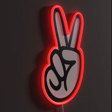 Load image into Gallery viewer, Peace Sign RGB neon sign, side view lit showing the depth of the acrylic sign