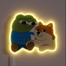 Load image into Gallery viewer, This neon sign featuring **Peepo and Doge** hugging is peak wholesome meme energy — perfect for lighting up your space with internet love and good vibes.