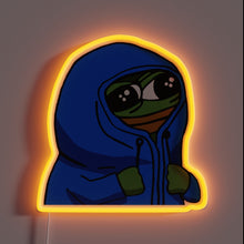 Load image into Gallery viewer, This neon sign captures **Peepo in a hoodie** with the classic cozy, shy, and adorable vibe. It’s the perfect soft glow for any space that needs a bit of wholesome meme warmth and introvert energy.