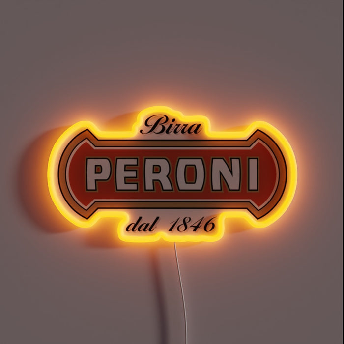 Illuminated neon sign of the Peroni beer logo with the text 