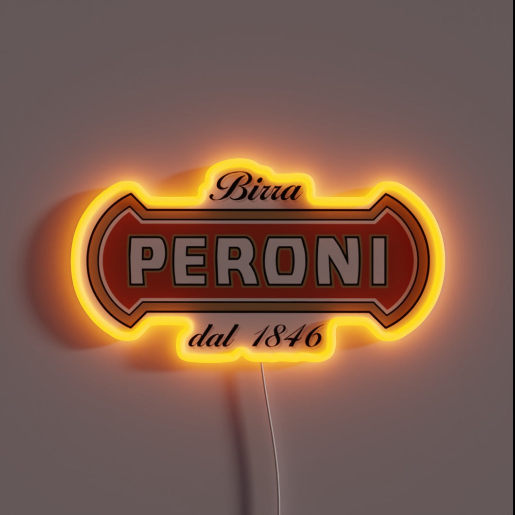 Illuminated neon sign of the Peroni beer logo with the text 