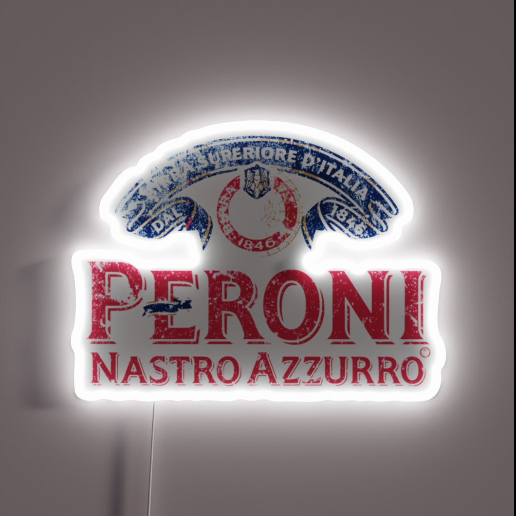 **Alt Text:** Peroni Nastro Azzurro neon sign with vintage Italian design.