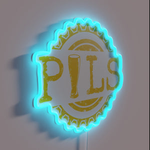 Brilliant yellow neon Pilsner beer sign with colorful bottle cap accents