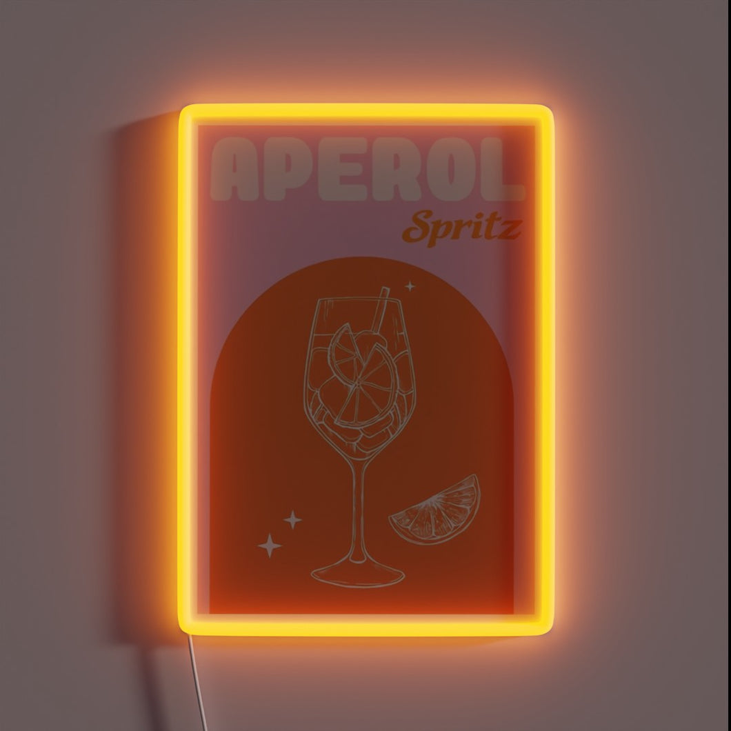 Vibrant pink glow of a signature Italian summer cocktail sign.
