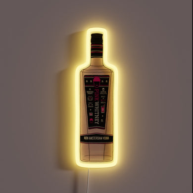 Neon sign shaped like a Pink Whitney New Amsterdam Vodka bottle with yellow glow.
