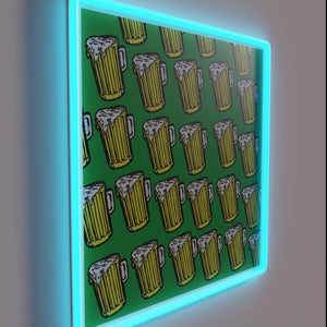 Vibrant neon bar decor featuring colorful pitchers and beer signs.
