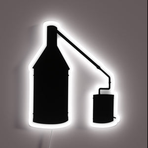 Neon-lit still kit for making high-proof moonshine at home safely.