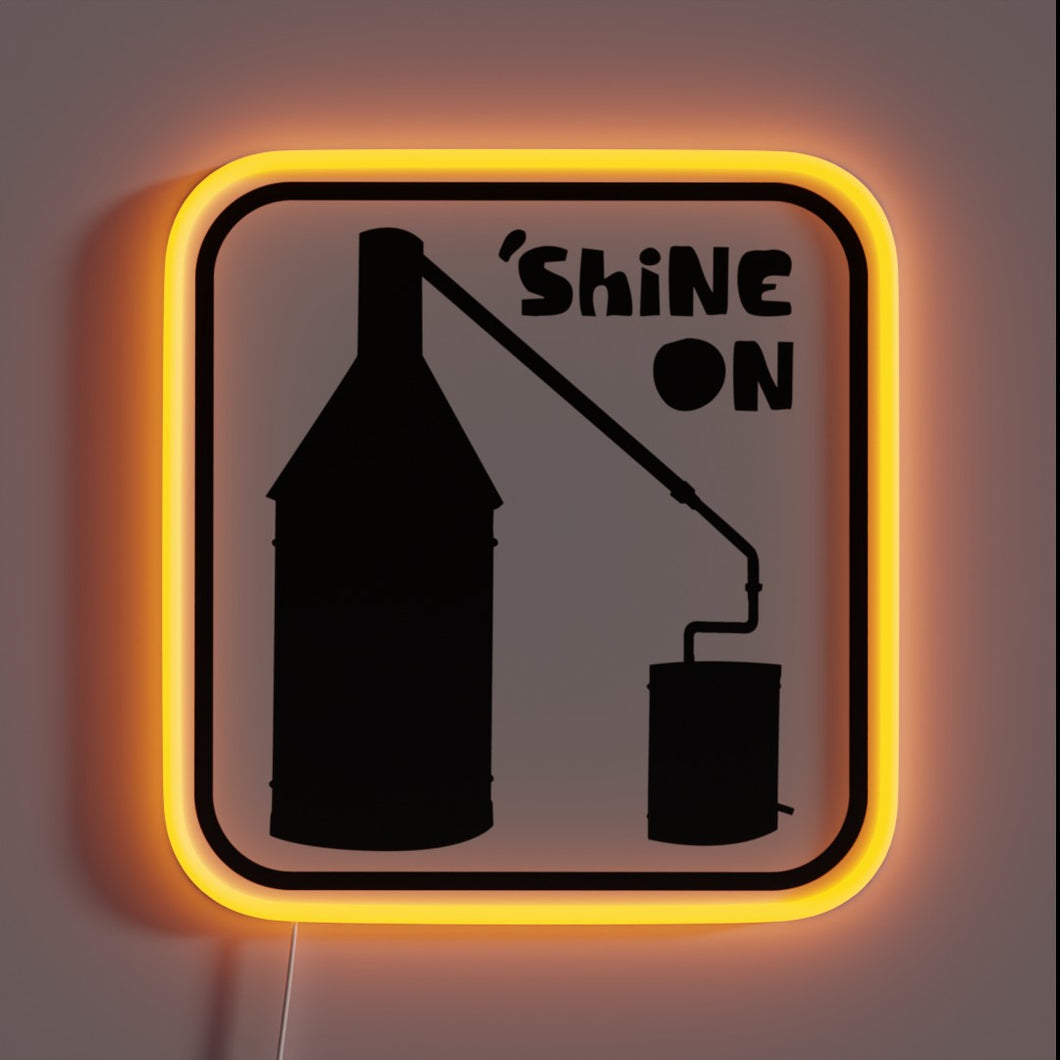 Vintage-inspired neon sign featuring Pot Still Moonshine logo in RGB.
