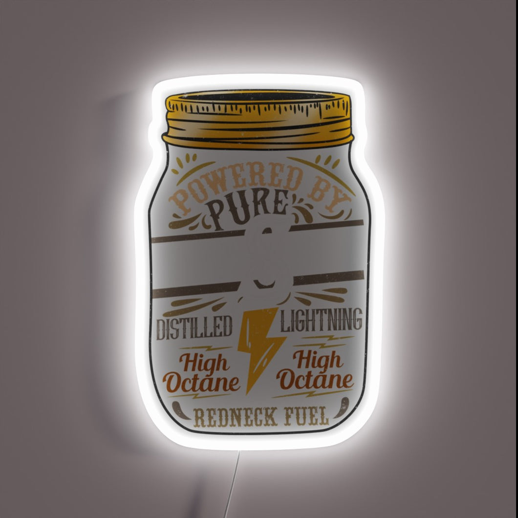 Neon tee featuring bold 'Powered by Pure Moonshine' graphics.