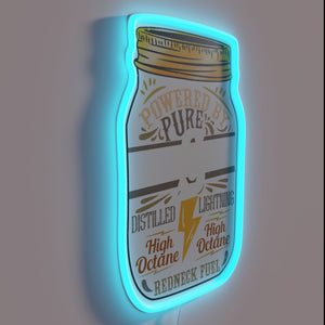 Neon illuminated wall decor with distillery theme and colorful accents