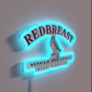 Ireland's finest redbreast whiskey distillery logo illuminated in vibrant rgb neon.