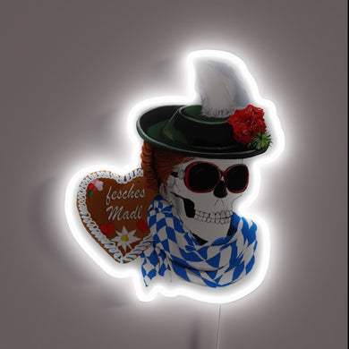 Vibrant neon sign featuring a pretty girl at Oktoberfest.