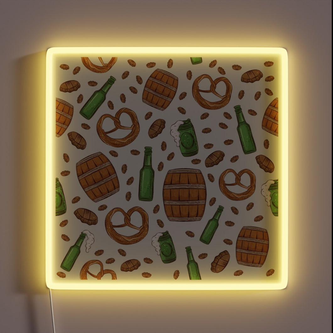 Vibrant neon sign featuring pretzels and beer design.
