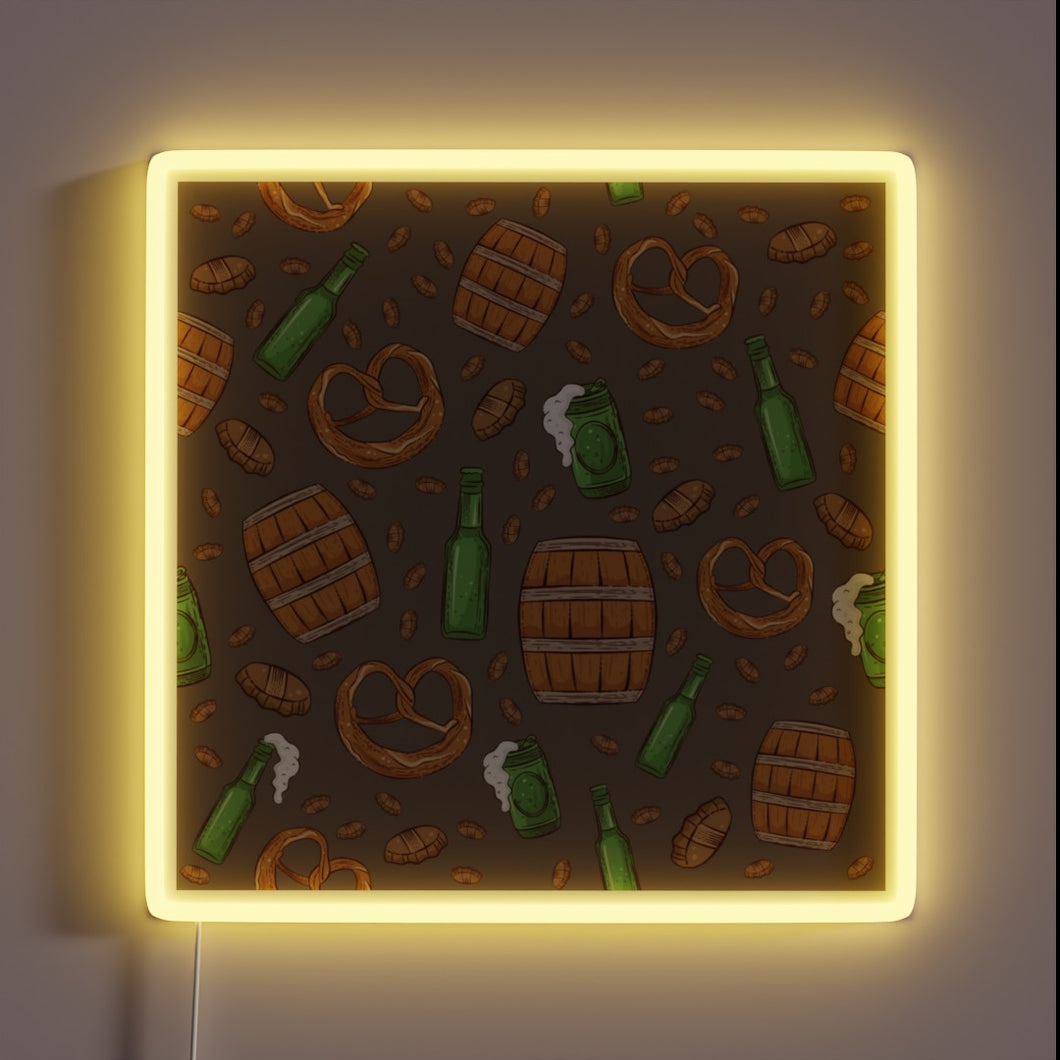 Vibrant Neon Sign Featuring Pretzels, Beer, and German Oktoberfest Theme