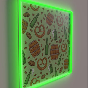 Vibrant neon bar decor featuring pretzel beer Oktoberfest pattern