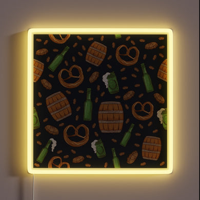 Neon oktoberfest themed sign featuring pretzels beer icons in navy.