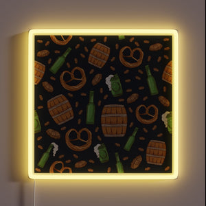 Neon oktoberfest themed sign featuring pretzels beer icons in navy.
