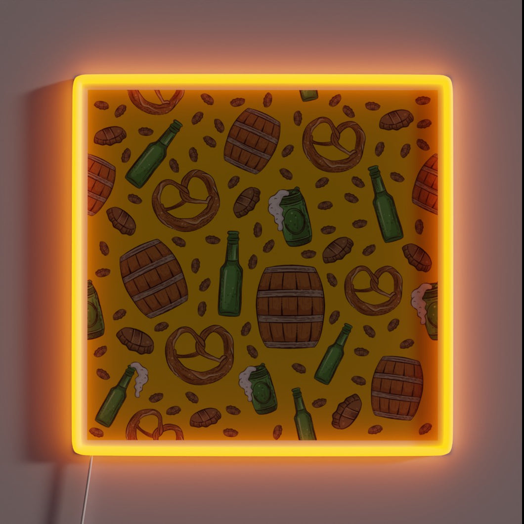 Vibrant Neon Sign Illuminates Festive Atmosphere with Pretzel and Beer Design