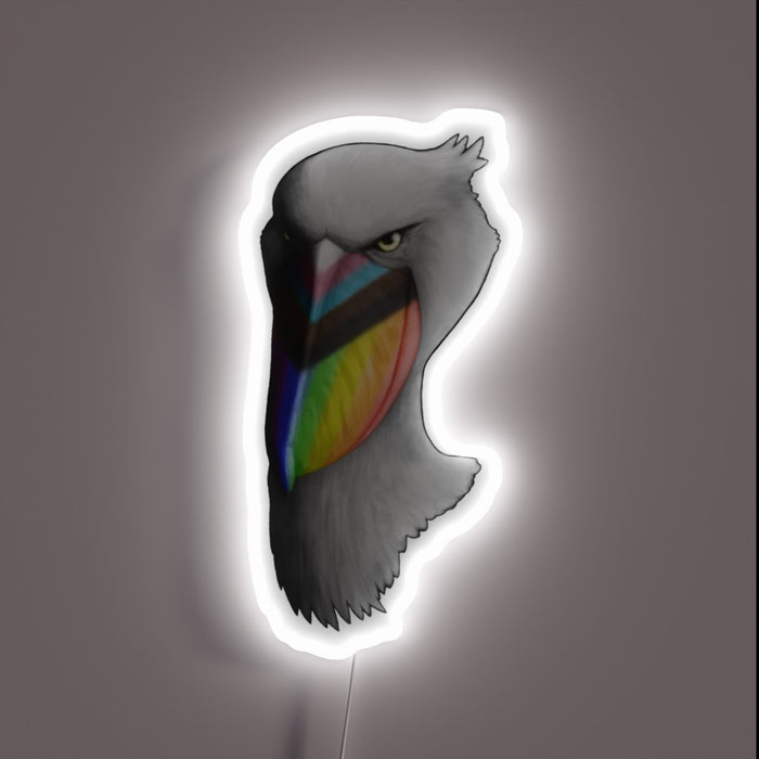 Vibrant, colorful Pride Shoebill bird shaped RGB neon wall decoration.