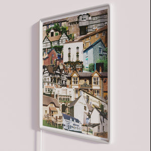 Vintage neon pub signs from Herefordshire, UK local landmarks illuminated.