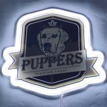 Load image into Gallery viewer, Puppers Officially Wayne&#39;s Favourite Beer RGB neon sign glowing with vibrant, colorful lights, a must-have for fans of Wayne and beer lovers alike