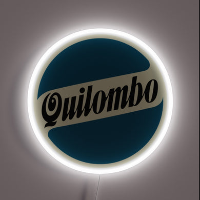 Vintage Quilombo Quilmes beer logo illuminated in radiant neon lights.