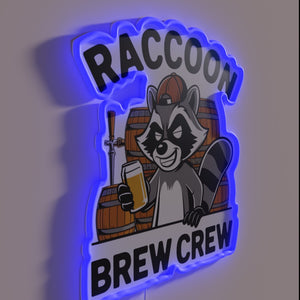 Whimsical raccoon-themed bar sign in colorful RGB neon lighting