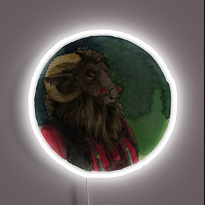 Vibrant neon sign featuring a ram in denim attire.