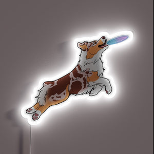 Vibrant Neon Sign Featuring Lively Red Merle Aussie Dog Silhouette