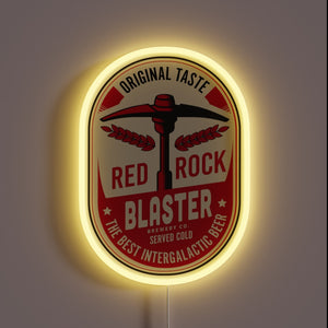 Glowing Red Rock Blaster Neon Sign with Bright RGB Illumination Effects.