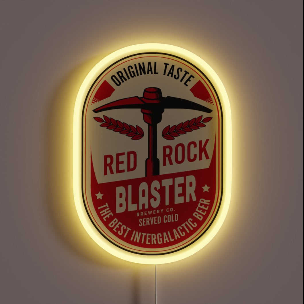 Glowing Red Rock Blaster Neon Sign with Bright RGB Illumination Effects.