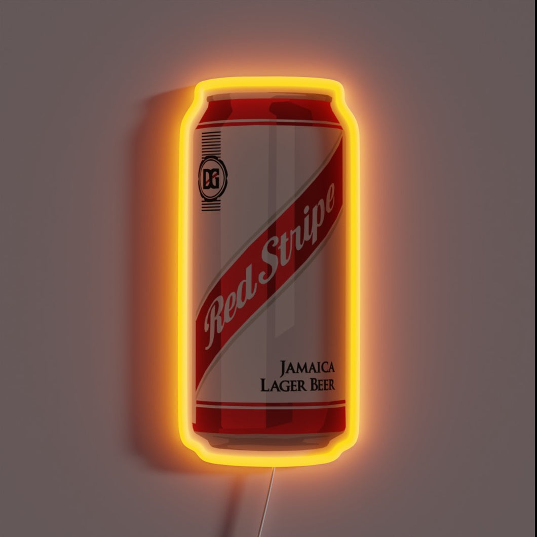Neon sign shaped like a Red Stripe Jamaica Lager Beer can with orange glow.
